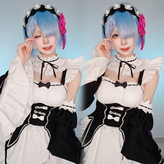 Re: ZERO - Rem Cosplay, Costume Wig Lolita Maid Dress Black White + Headband