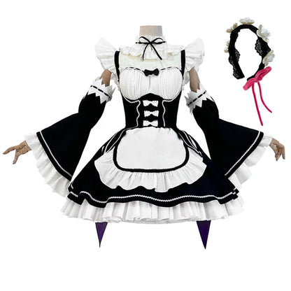 Re: ZERO - Rem Cosplay, Costume Wig Lolita Maid Dress Black White + Headband