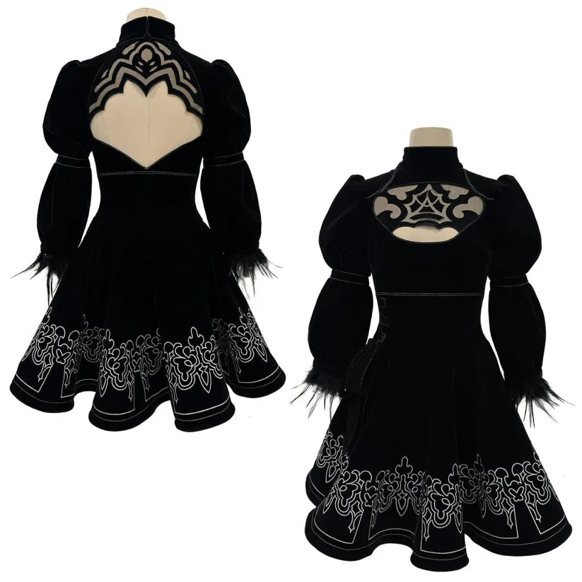 NieR - 2B, Cosplay Full Costume (Kleid, Ärmelstulpen, Strümpfe, Haarband, Augenmaske, Handschuhe))
