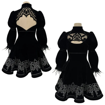 NieR - 2B, Cosplay Full Costume (Kleid, Ärmelstulpen, Strümpfe, Haarband, Augenmaske, Handschuhe))