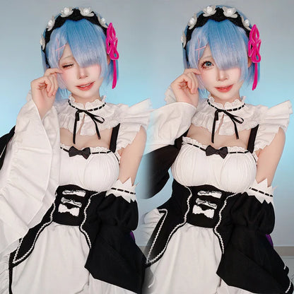 Re: ZERO - Rem Cosplay, Costume Wig Lolita Maid Dress Black White + Headband