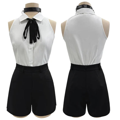 Chainsaw Man - Reze, Cosplay White Shirt Black Shorts Choker Tie Halloween Christmas Convention Rose Net