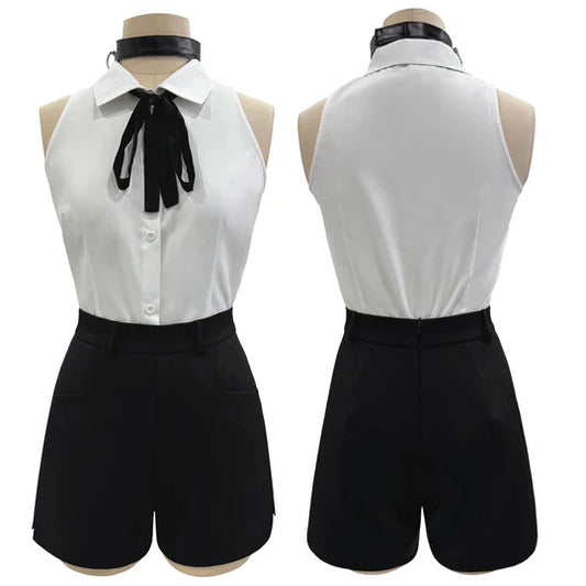 Chainsaw Man - Reze, Cosplay White Shirt Black Shorts Choker Tie Halloween Christmas Convention Rose Net
