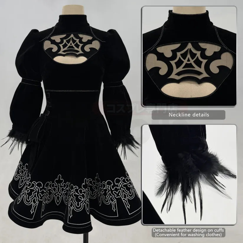 NieR - 2B, Cosplay Full Costume (Kleid, Ärmelstulpen, Strümpfe, Haarband, Augenmaske, Handschuhe))
