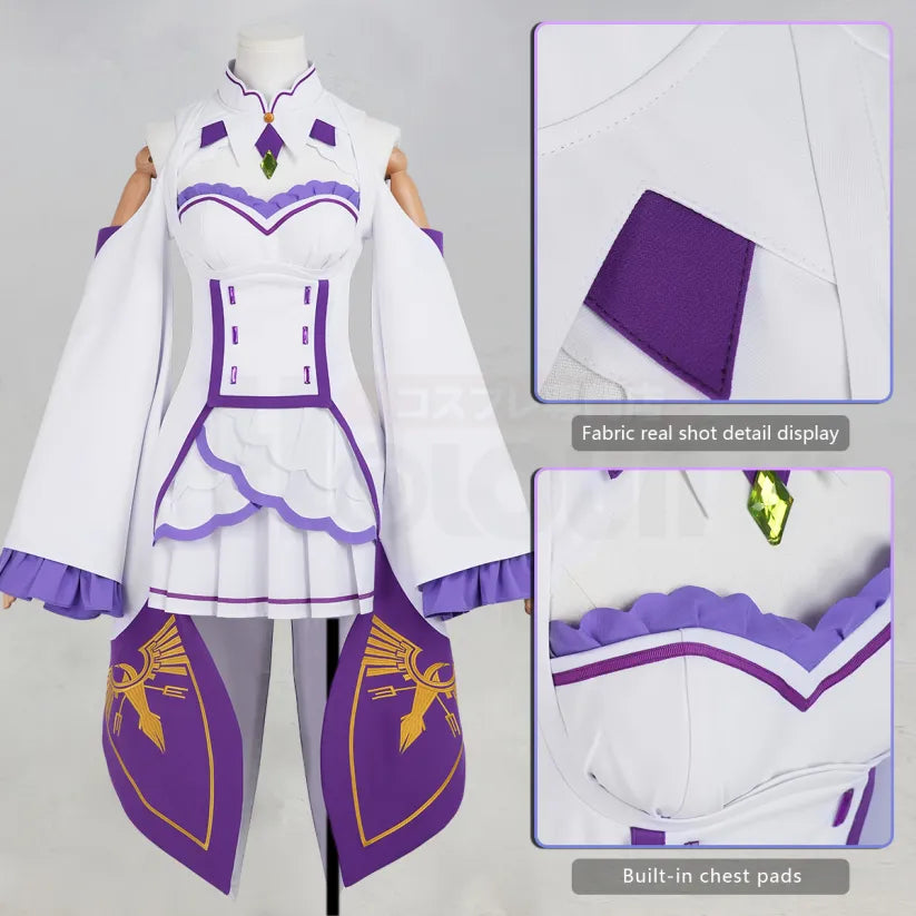 Re:Zero - Emilia, Cosplay full Outfit (Clothes, leg rings, Stockings, Hair accessories)