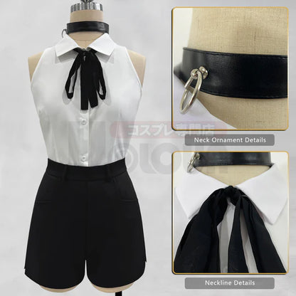 Chainsaw Man - Reze, Cosplay White Shirt Black Shorts Choker Tie Halloween Christmas Convention Rose Net