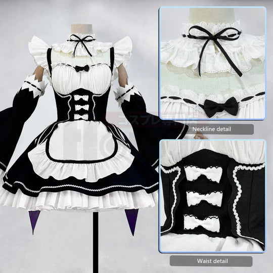 Re: ZERO - Rem Cosplay, Costume Wig Lolita Maid Dress Black White + Headband