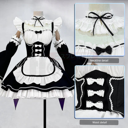 Re: ZERO - Rem Cosplay, Costume Wig Lolita Maid Dress Black White + Headband