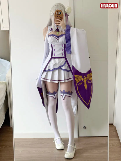 Re:Zero - Emilia, Cosplay full Outfit (Clothes, leg rings, Stockings, Hair accessories)