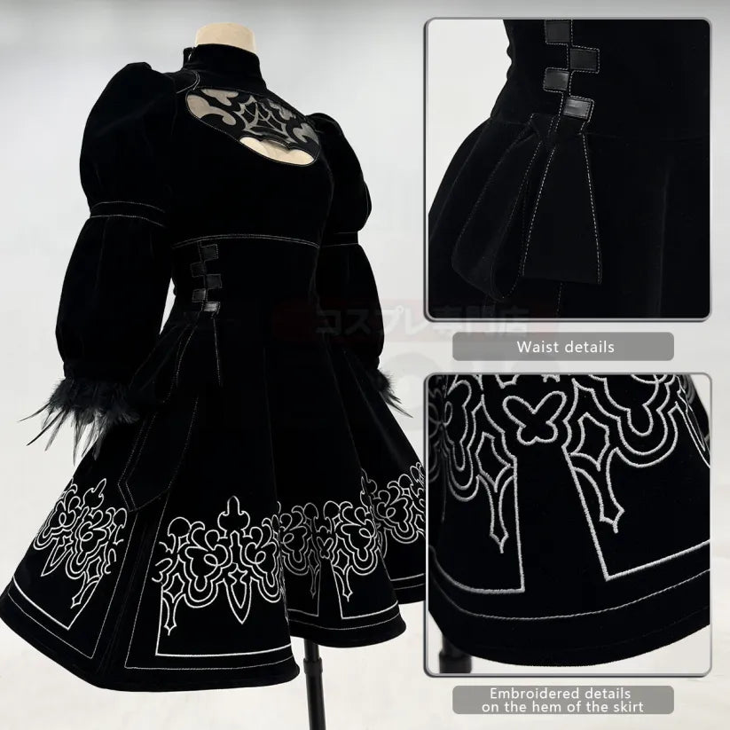 NieR - 2B, Cosplay Full Costume (Kleid, Ärmelstulpen, Strümpfe, Haarband, Augenmaske, Handschuhe))
