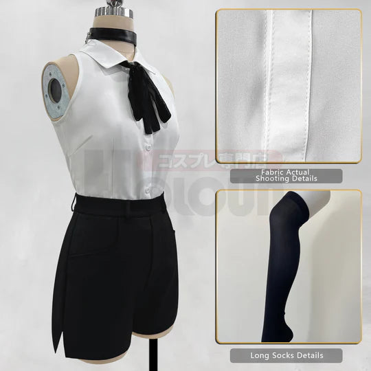 Chainsaw Man - Reze, Cosplay White Shirt Black Shorts Choker Tie Halloween Christmas Convention Rose Net