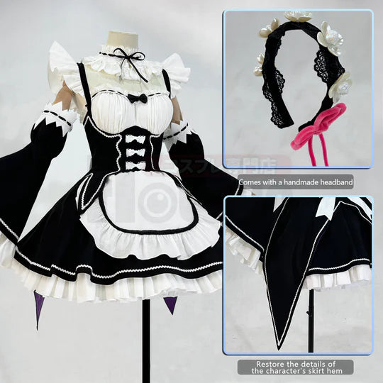 Re: ZERO - Rem Cosplay, Costume Wig Lolita Maid Dress Black White + Headband
