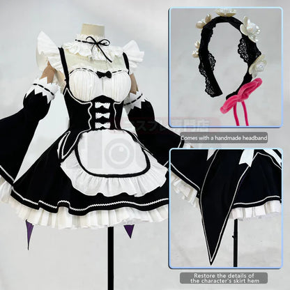 Re: ZERO - Rem Cosplay, Costume Wig Lolita Maid Dress Black White + Headband
