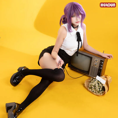 Chainsaw Man - Reze, Cosplay White Shirt Black Shorts Choker Tie Halloween Christmas Convention Rose Net
