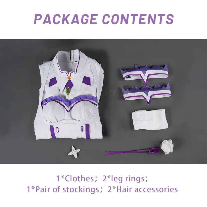 Re:Zero - Emilia, Cosplay full Outfit (Clothes, leg rings, Stockings, Hair accessories)