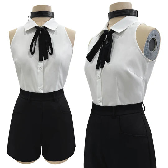 Chainsaw Man - Reze, Cosplay White Shirt Black Shorts Choker Tie Halloween Christmas Convention Rose Net