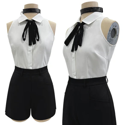 Chainsaw Man - Reze, Cosplay White Shirt Black Shorts Choker Tie Halloween Christmas Convention Rose Net